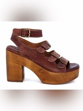 Bed Stu Brown Leather Buckle Platform Sandals with Wood-Look Sole